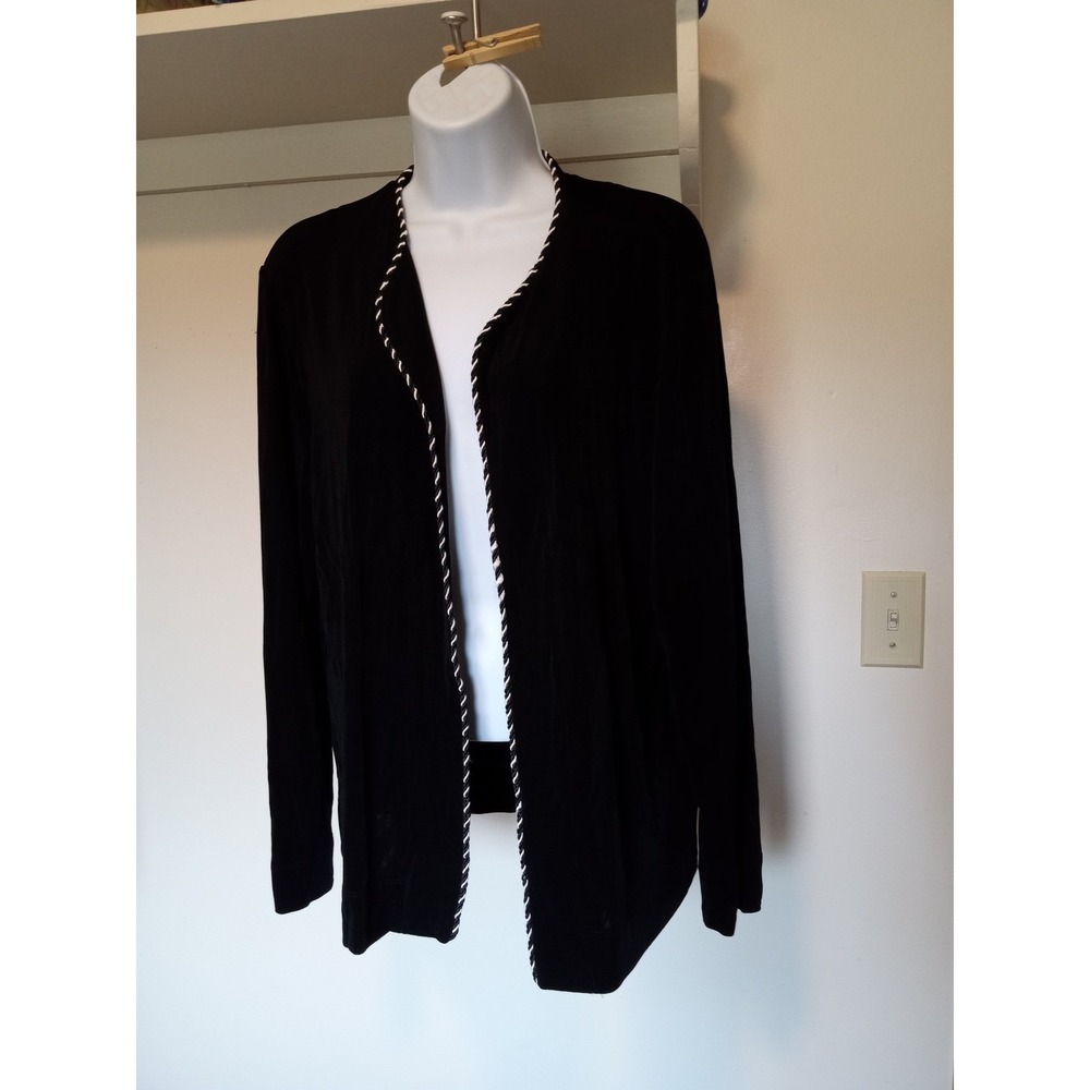 Chicos Travelers Black Open Front Cardigan Rope Trim Size 3 XL Acetate Blend